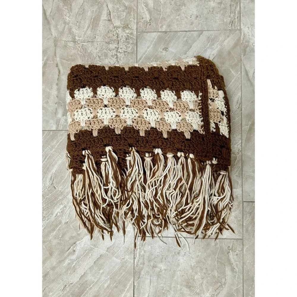 Vintage Afghan Throw Blanket Brown Tan Crochet 61